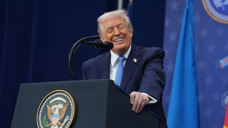President Donald Trump speaks during a signing ceremony alongside the president of Rwanda,...
