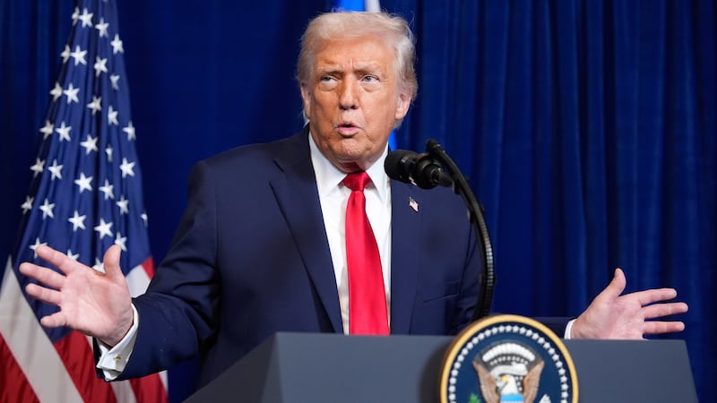 President Donald Trump speaks during a news conference with Israel's Prime Minister Benjamin...