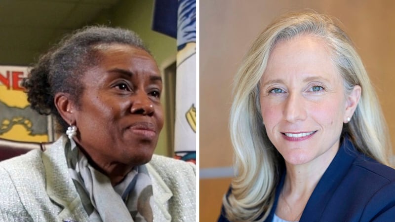 This combo image shows Virginia Republican gubernatorial candidate Winsome Earle-Sears, left,...